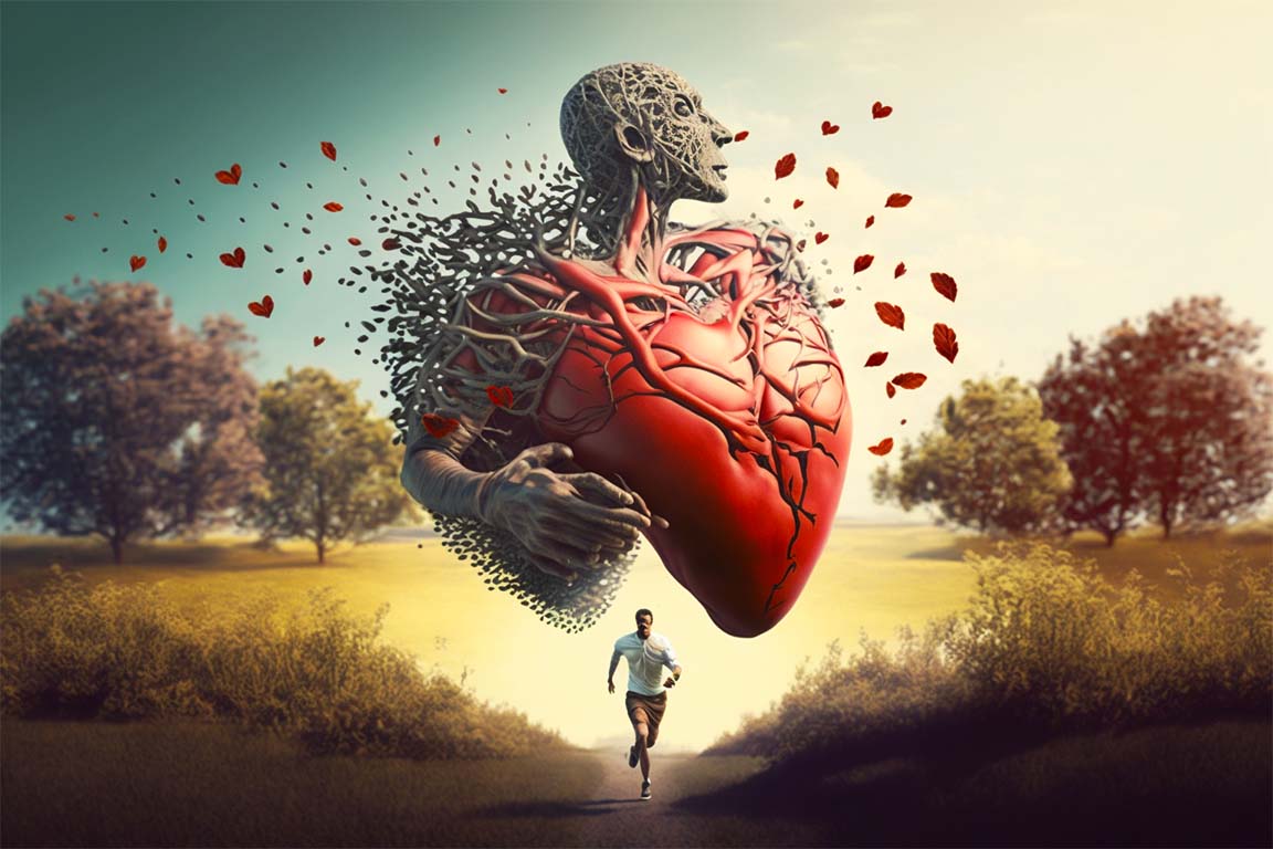 Man running outside with a big heart in the background