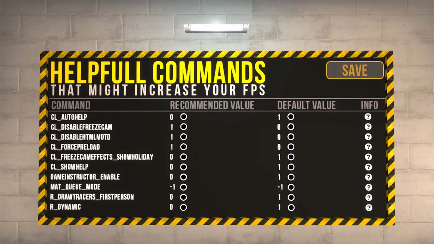 CSGO map, FPS Benchmark helpful commands panel