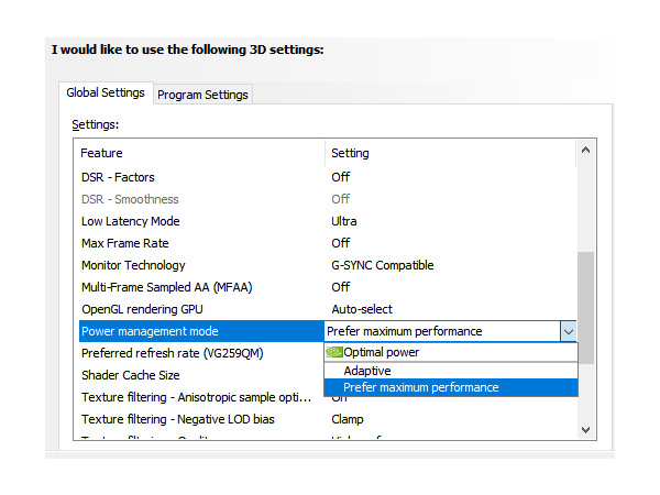 Power Management Mode nvidia settings for better fps