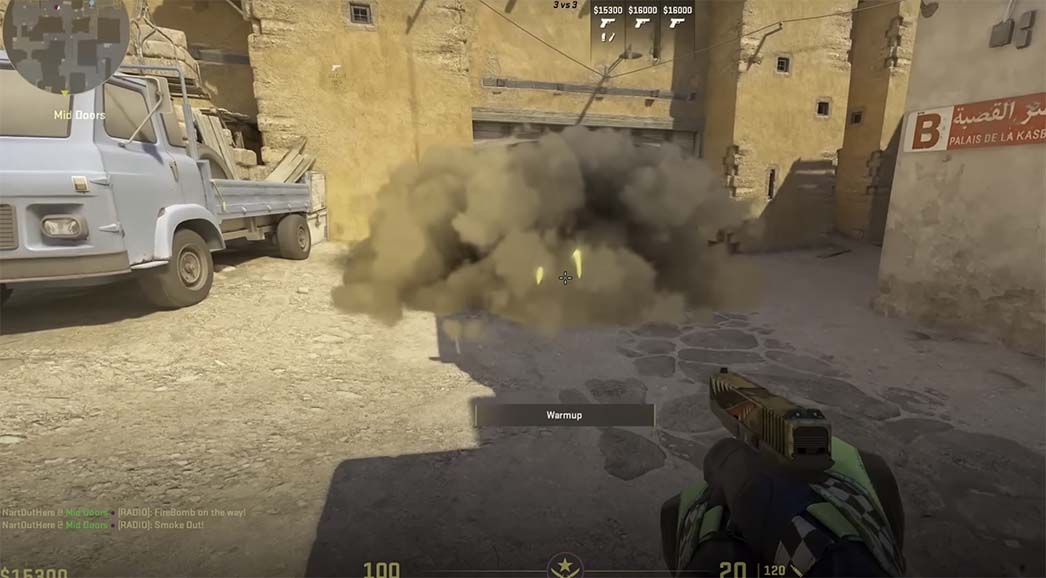 Counter Strike 2 smoke grenade on Dust 2, new CS2 smoke mechanics
