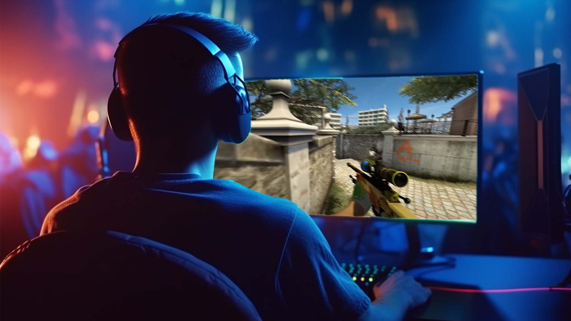 Gamer playing CSGO on PC, fast reaction time and accurate eye-hand coordination