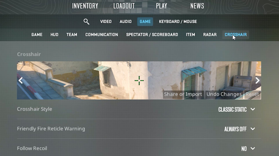 CS2 Crosshair settings in game menu