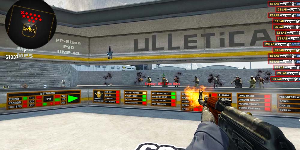 picture of an ak47 shooting on the popular aim training map "aim_botz"